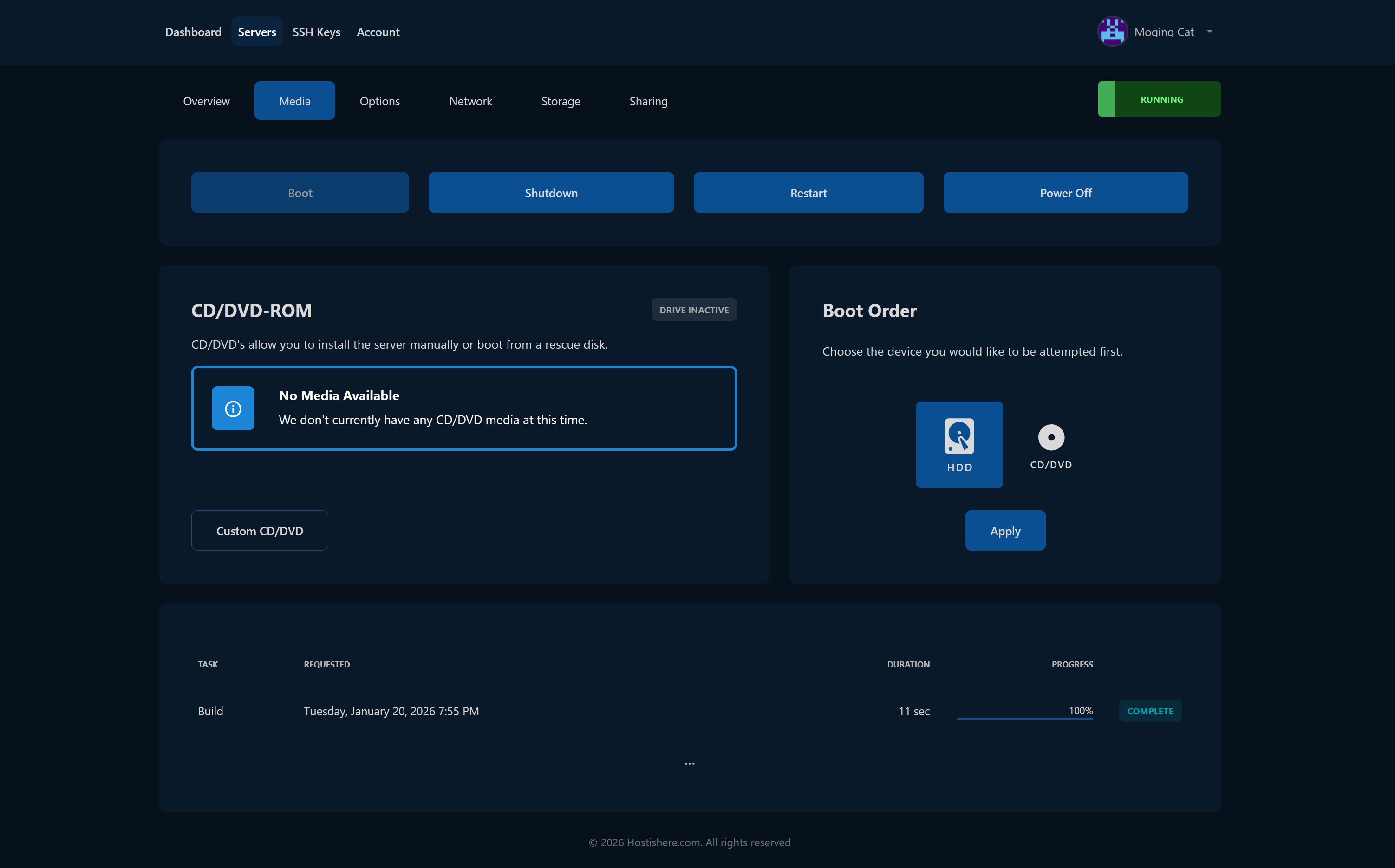 VPS graphs and activity panels